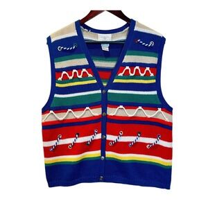 Vintage 1996 Susan Bristol Striped Knit Hand‎ Embroidered Nautical Vest Sz Large